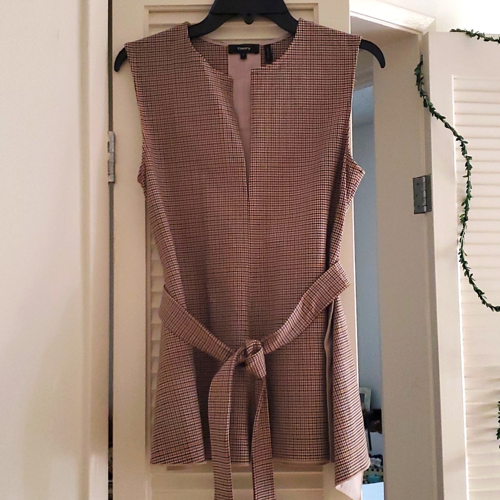 Theory top, belted, Small, beige/brown/black checkered pattern